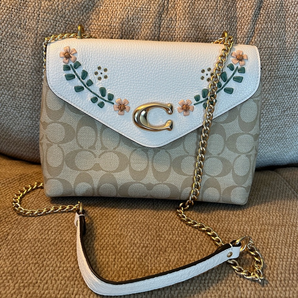 Coach Tan and White “Tammie” Shoulder Bag with Floral Design - NWOT
